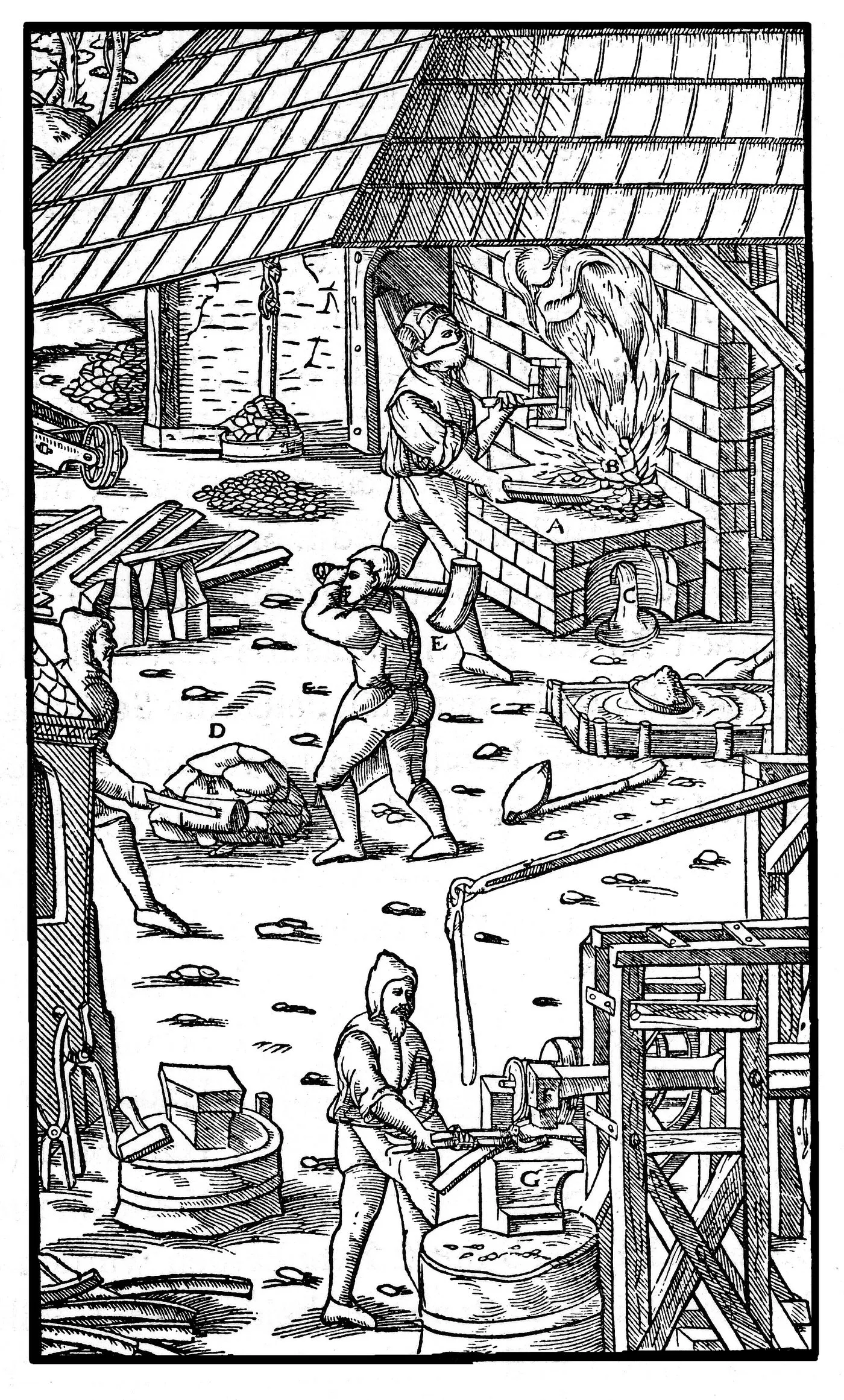 Rennwerk mit Ofen, Blasebalg und Schmied, der eine Luppe aushämmert; Holzschnitt aus Agricola, De re metallica, 1556