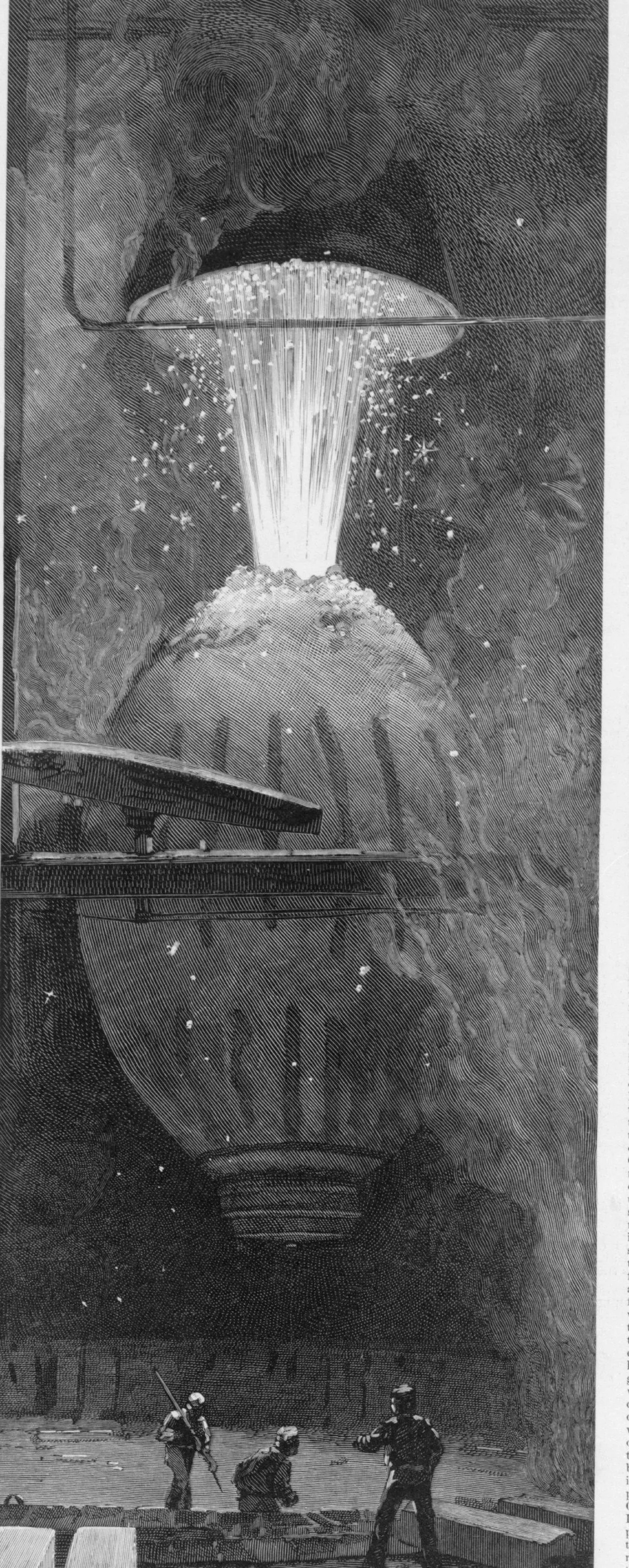 Bessemer converter during the blow: a shower of sparks shoots from the mouth, wood engraving of 1889