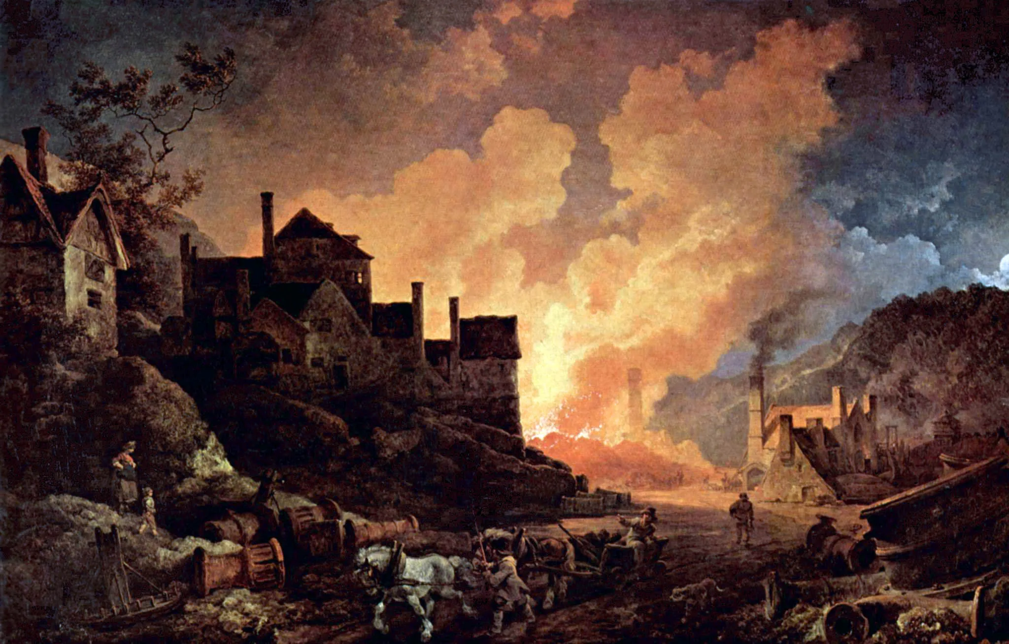 Coalbrookdale by Night: blast furnaces light up the sky, painting by Philip James de Loutherbourg, 1801