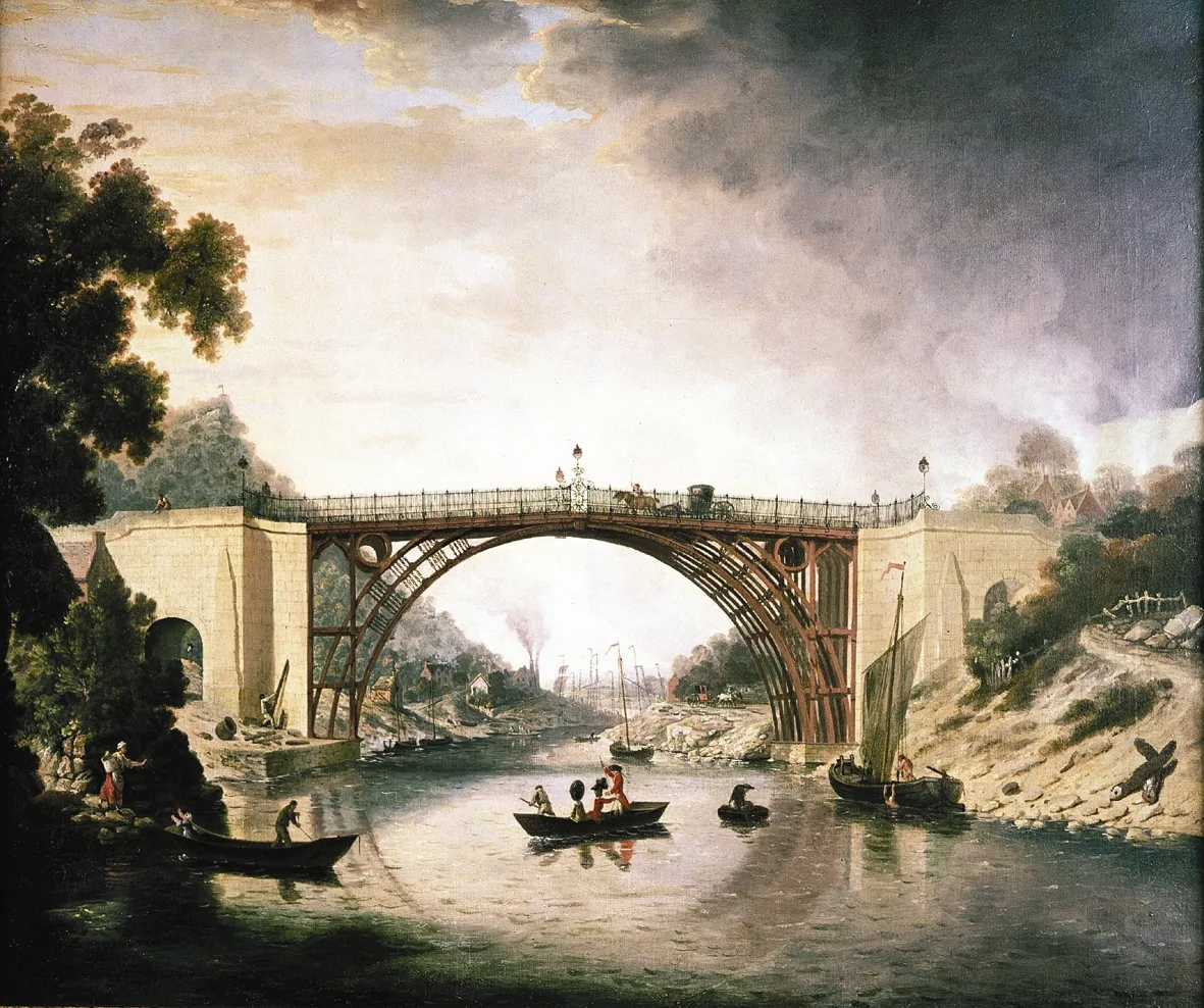 The cast iron bridge near Coalbrookdale, painting by William Williams, 1780