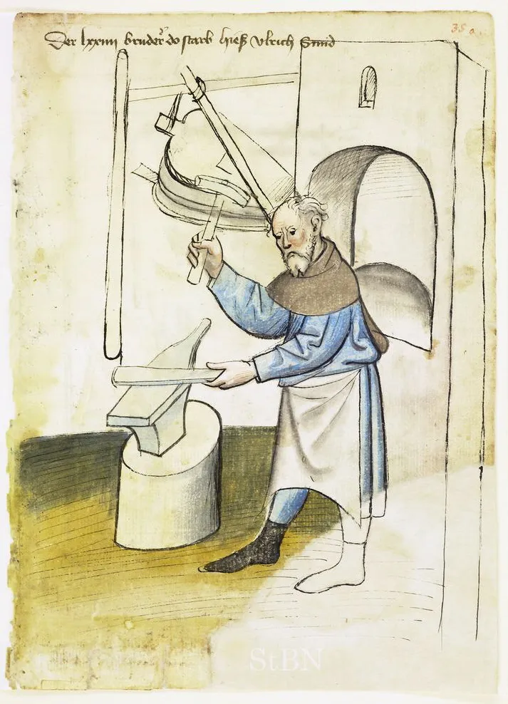 Schmied am Amboss mit Esse und Blasebalg, Buchmalerei um 1425