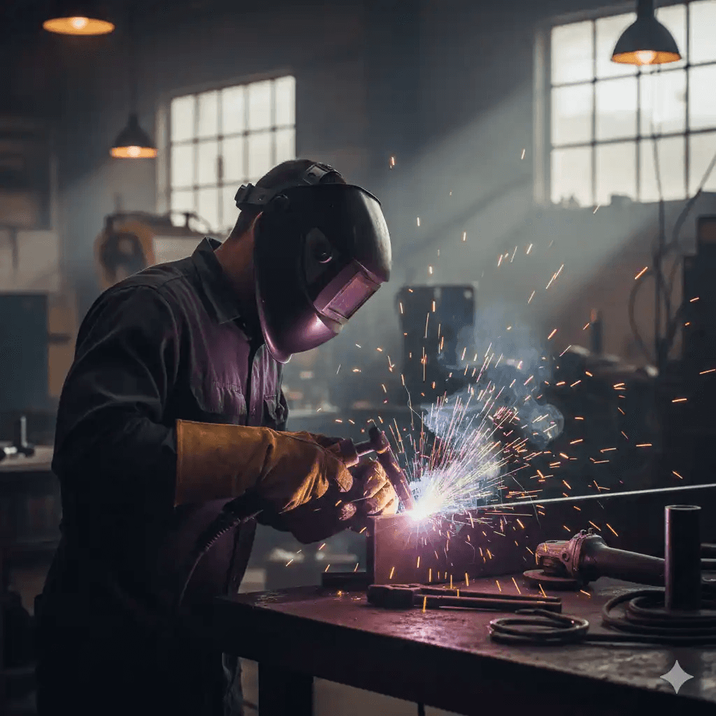 Schweißarbeiten an einem Stahlbauteil in der Werkstatt